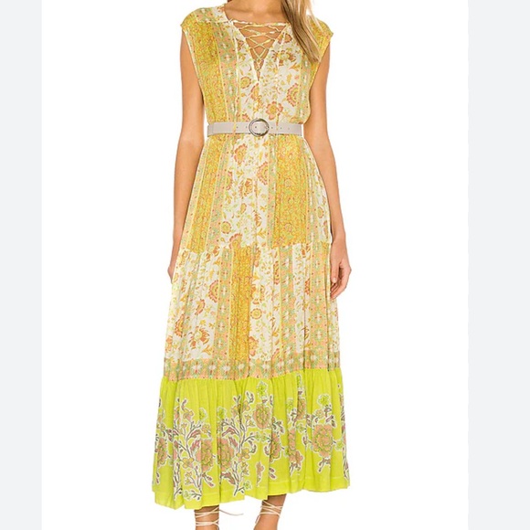 FREE PEOPLE Hanalei Bay Maxi Dress Yellow Combo Sz XS Flowy oversized Bohemian.
